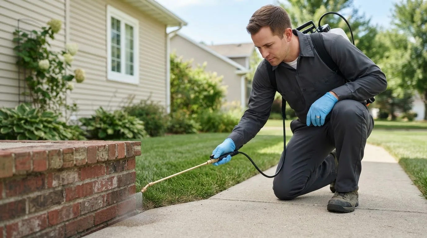 Pest control technician treating a home near Markleville, IN