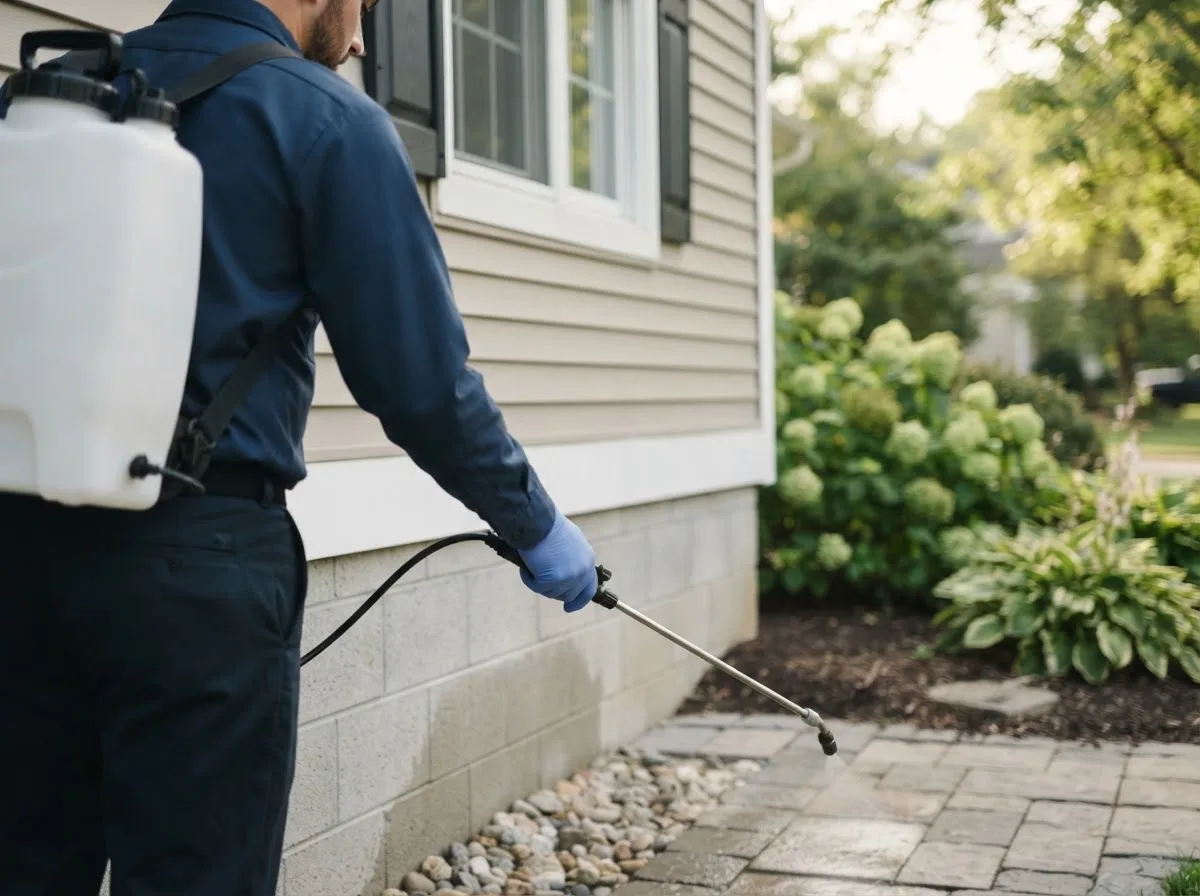 Pest control technician inspecting a home in Markleville, IN